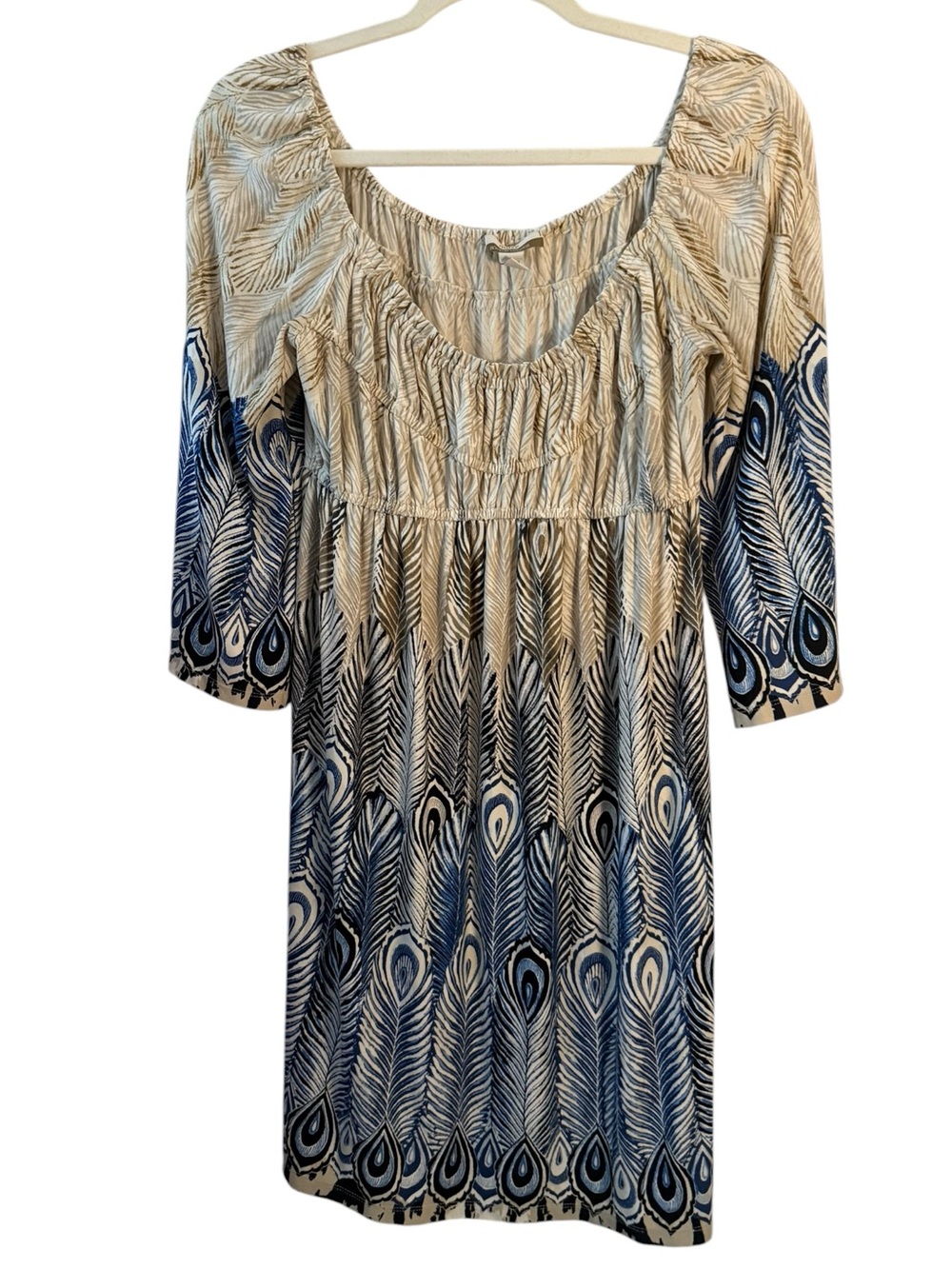 Muse for Boston Proper Size 6 Blue Peacock Print Boho Peasant Dress